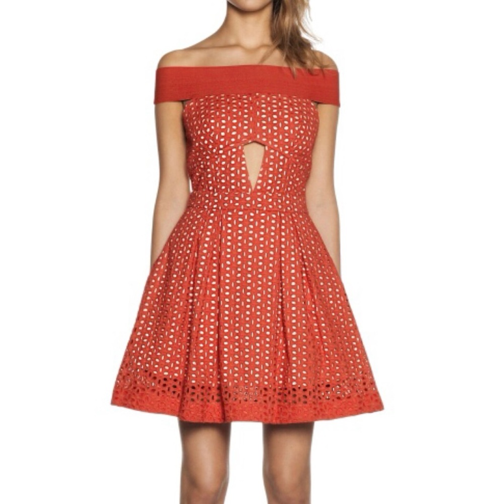 Three Floor Lace Off Shoulder Red Mini Dress Size 2